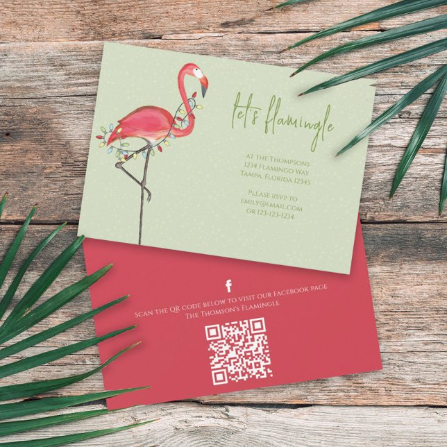 Christmas Holiday Lights Pink Flamingo QR Code Invitation (Creator Uploaded)