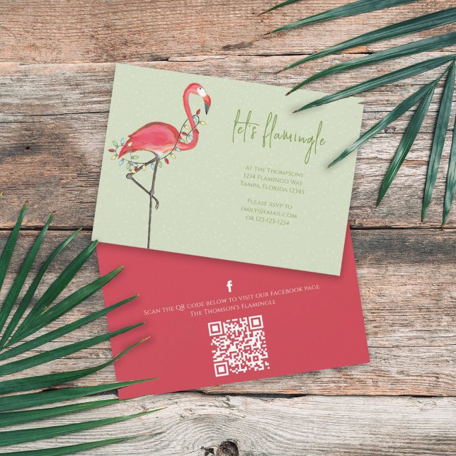 Christmas Holiday Lights Pink Flamingo QR Code Invitation (Creator Uploaded)