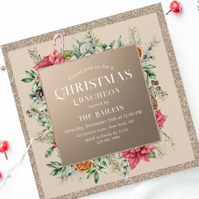 Christmas Holiday Luncheon Glitter Winter Floral Invitation (Creator Uploaded)