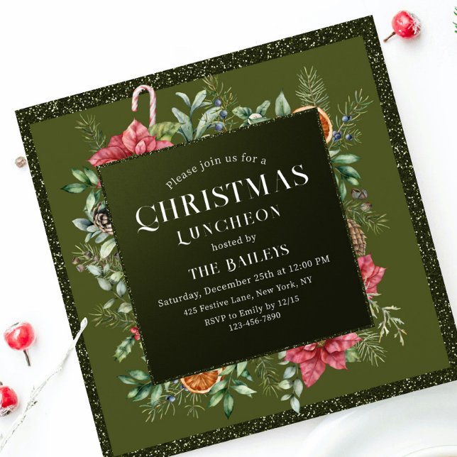 Christmas Holiday Luncheon Glitter Winter Floral Invitation (Creator Uploaded)