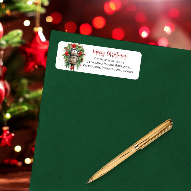 Christmas Holiday Mailbox Floral Monogram (Elegant Christmas "Merry and Bright" Mailbox Poinsettia Floral Return Address Label)