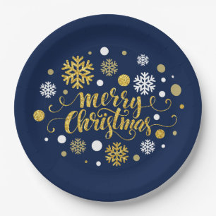 Christmas Holiday - Merry Christmas Shimmer Blue Paper Plate