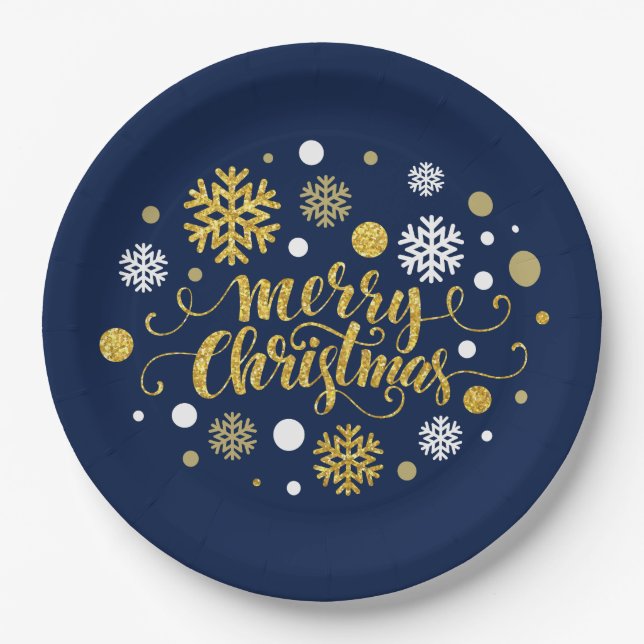 Christmas Holiday - Merry Christmas Shimmer Blue Paper Plate (Front)