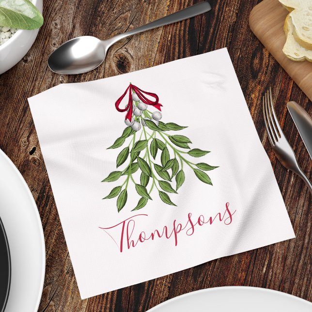 Christmas Holiday Merry Mistletoe Whimsical Cute Napkin (Christmas merry mistletoe watercolor simple customized calligraphy napkin. )