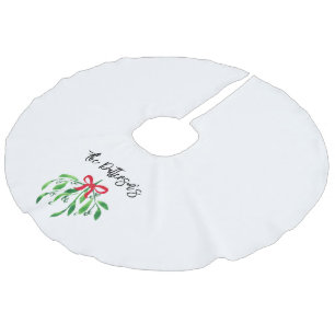 Christmas Holiday Mistletoe Name Festive Red Green Faux Linen Tree Skirt