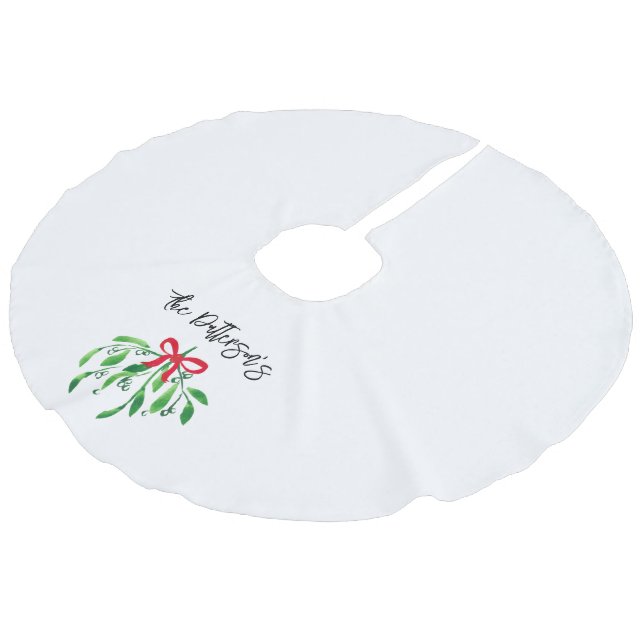 Christmas Holiday Mistletoe Name Festive Red Green Faux Linen Tree Skirt (Angled)