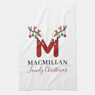 Christmas Holiday Monogram Antlers Matching Family Tea Towel