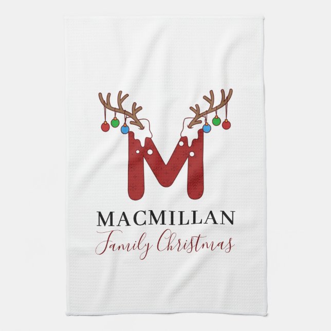 Christmas Holiday Monogram Antlers Matching Family Tea Towel (Vertical)