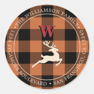 Christmas Holiday Monogram Burnt Orange Gingham Classic Round Sticker
