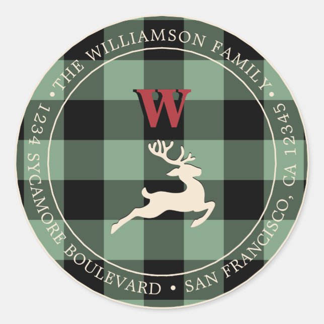 Christmas Holiday Monogram Green Gingham Plaid Classic Round Sticker (Front)