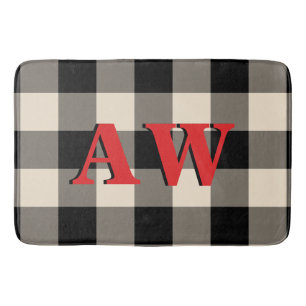 Christmas Holiday Monogram Red Black Ivory Gingham Bath Mat