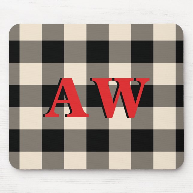 Christmas Holiday Monogram Red Ivory Black Gingham Mouse Mat (Front)