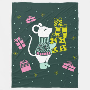 Christmas Holiday Mouse with Presents Illustration Fleece Blanket
