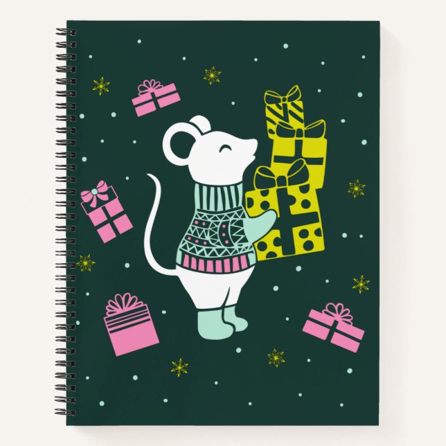 Christmas Holiday Mouse with Presents Illustration Notebook (Front)
