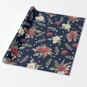 Christmas Holiday Navy Burgundy Ivory Floral Roses Wrapping Paper
