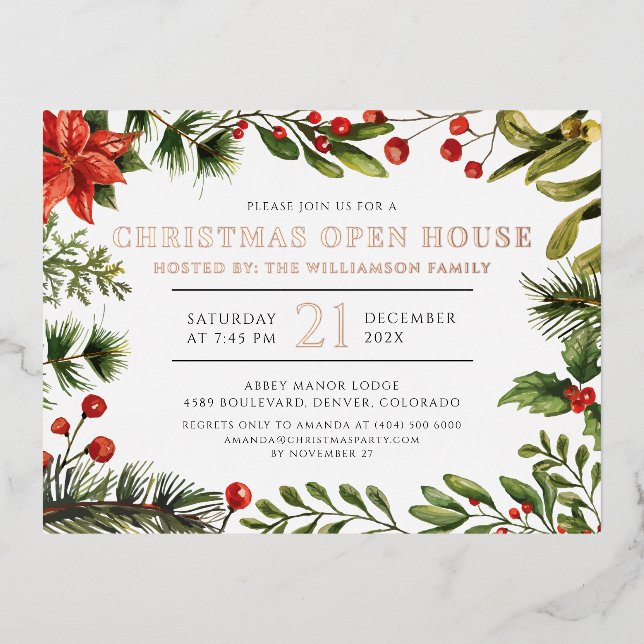 Christmas Holiday Open House Botanical Rose Gold Foil Invitation Postcard (Front)