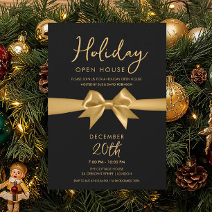 Christmas Holiday Open House Gold Bow Black Invitation