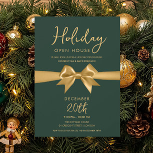 Christmas Holiday Open House Gold Bow Green  Invitation