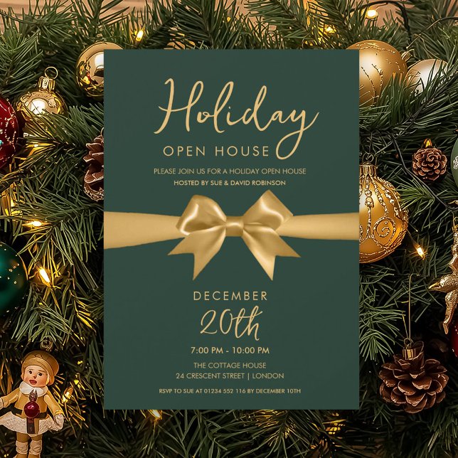Christmas Holiday Open House Gold Bow Green  Invitation (Christmas Holiday Open House Gold Bow Green Invitation)