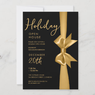 Christmas Holiday Open House Gold Ribbon Black Invitation