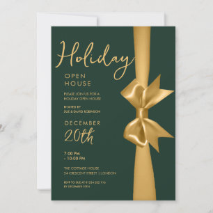 Christmas Holiday Open House Gold Ribbon Green Invitation