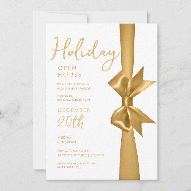 Christmas Holiday Open House Gold Ribbon  Invitation (Front)