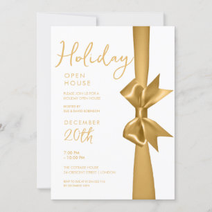 Christmas Holiday Open House Gold Ribbon  Invitation