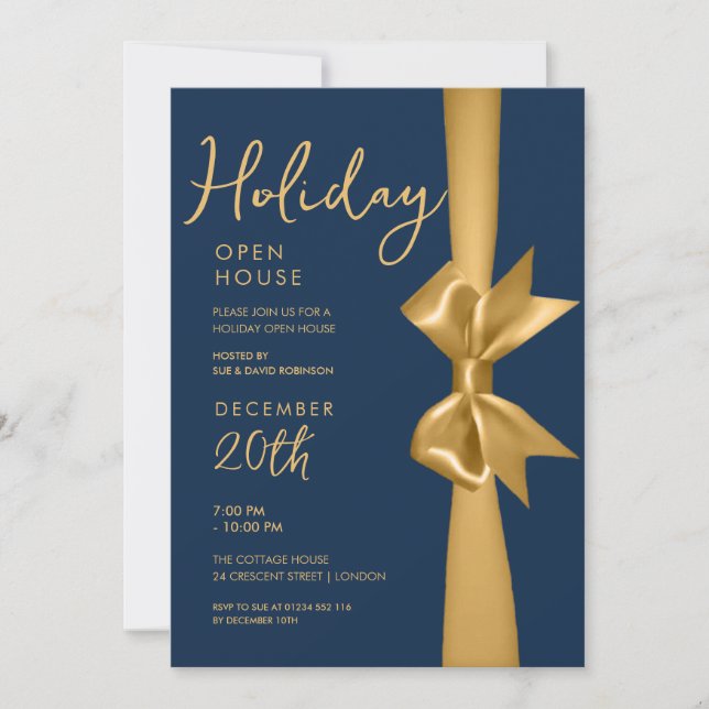 Christmas Holiday Open House Gold Ribbon Navy  Invitation (Front)