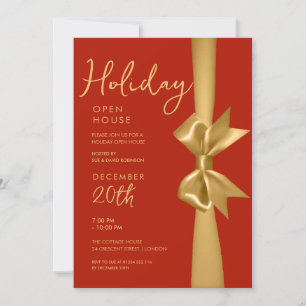 Christmas Holiday Open House Gold Ribbon Red  Invitation
