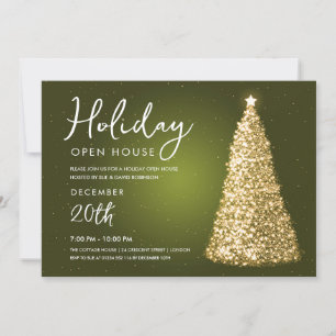 Christmas Holiday Open House Gold Tree Green  Invitation