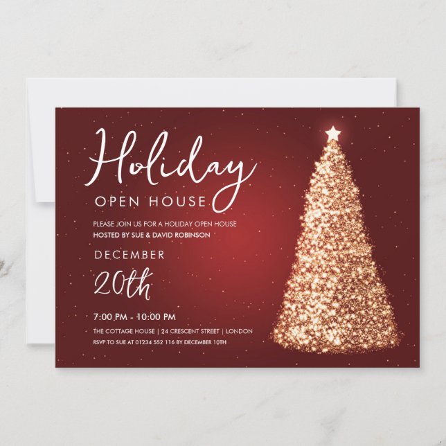 Christmas Holiday Open House Gold Tree Red Invitation (Front)