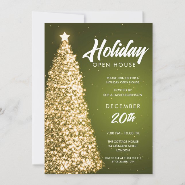 Christmas Holiday Open House Party Green Gold  Invitation (Front)
