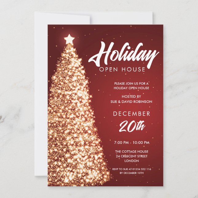 Christmas Holiday Open House Party Red Gold  Invitation (Front)