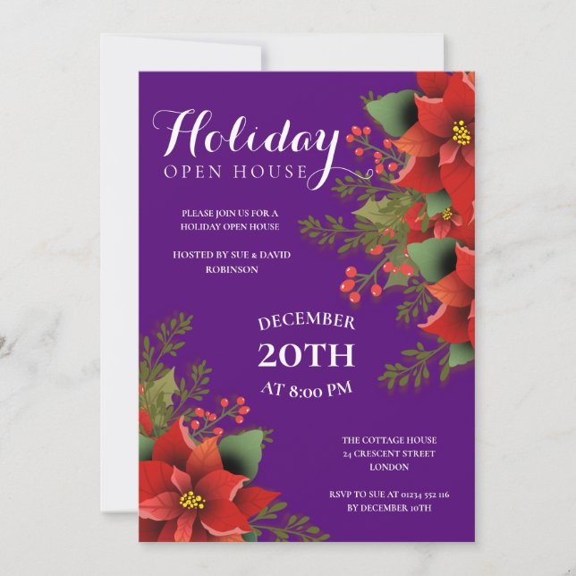 Christmas Holiday Open House Poinsettia Purple Invitation (Front)