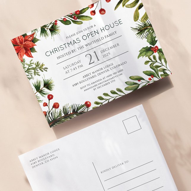 Christmas Holiday Open House Red Greenery Invitation Postcard (Christmas Open House Botanical Party Invitation)