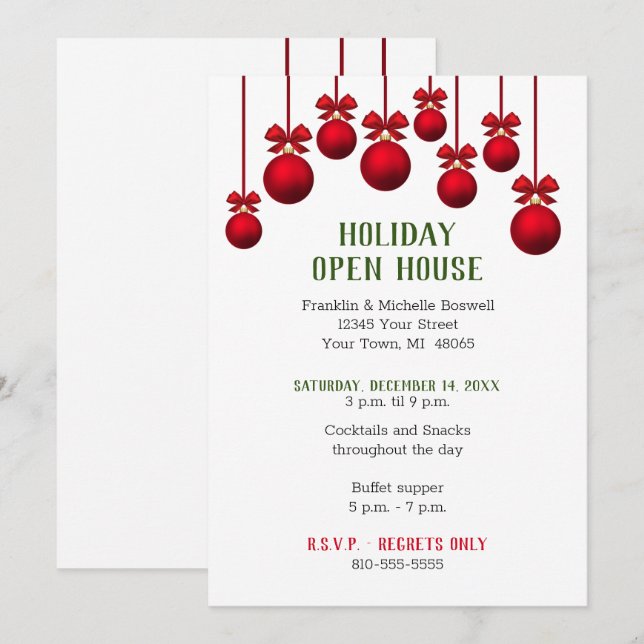 Christmas Holiday Open House Red Ornaments Invitation (Front/Back)