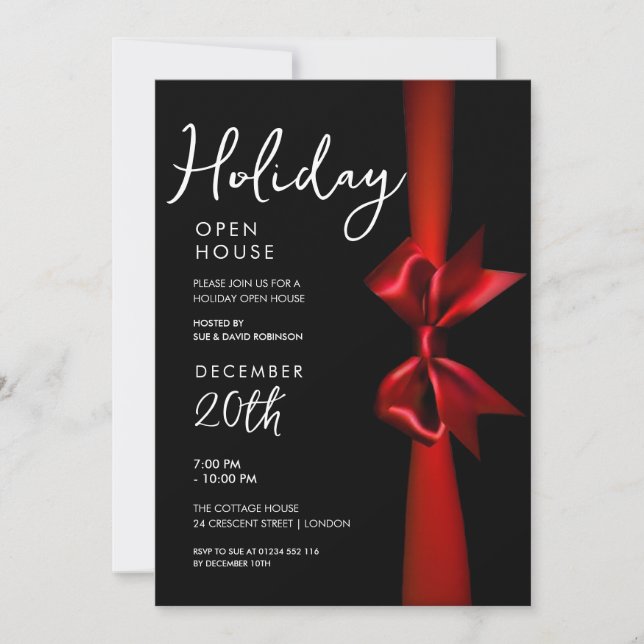 Christmas Holiday Open House Red Ribbon Black Invitation (Front)