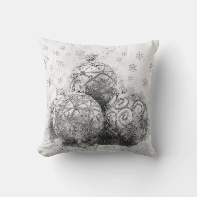 Christmas Holiday Ornaments Black & White Cushion (Front)