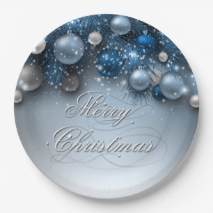 Christmas Holiday Ornaments - Blues Paper Plate