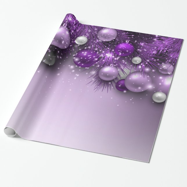 Christmas Holiday Ornaments - Purples Wrapping Paper (Unrolled)