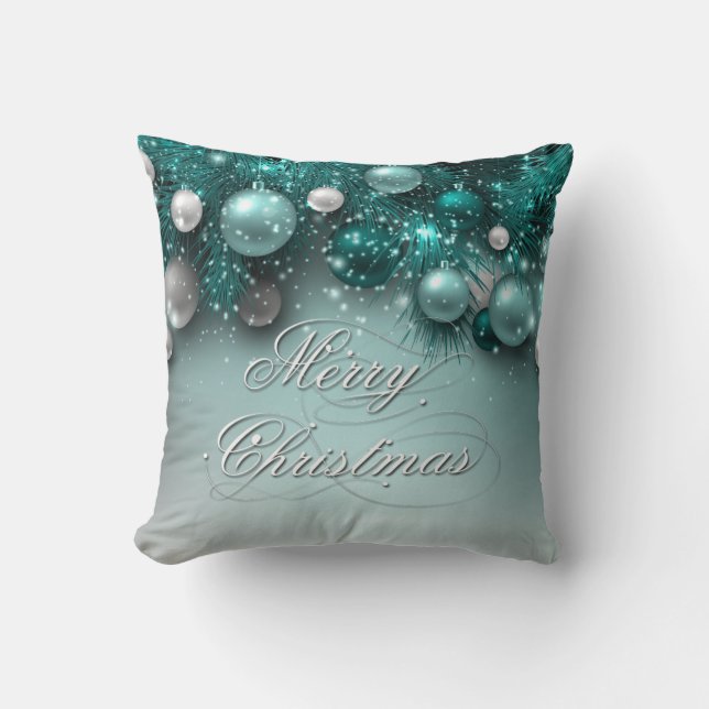 Christmas Holiday Ornaments Teal Cushion (Front)