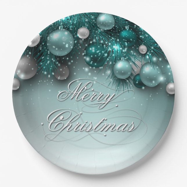 Christmas Holiday Ornaments - Teal Paper Plate (Front)