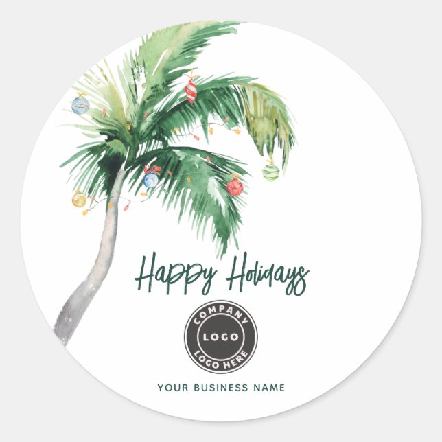 Christmas Holiday Palm Tree Business Name Classic Round Sticker (Front)