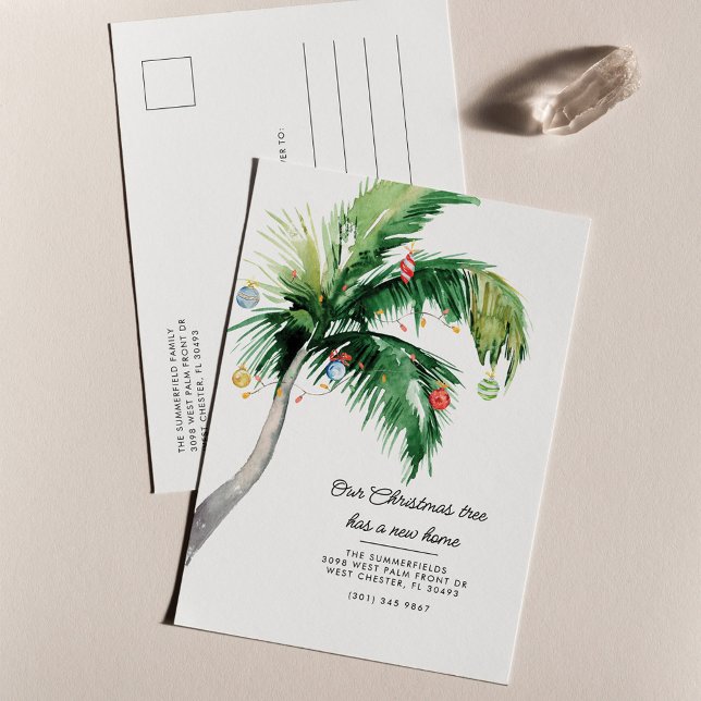 Christmas Holiday Palm Tree Moving Announcement Postcard (Palm Tree Coastal Home Christmas Moving Holidays Announcement Postcard)