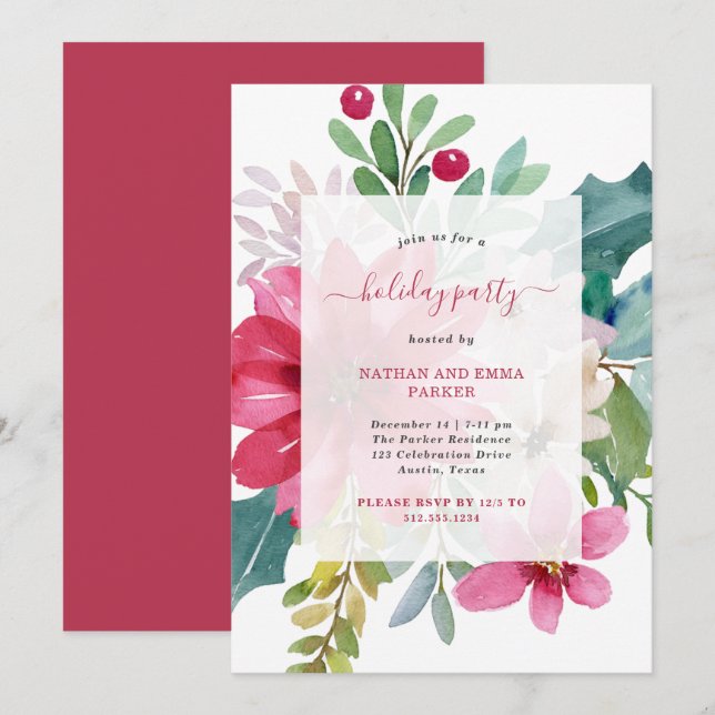Christmas Holiday Party | Bright Watercolor Floral Invitation (Front/Back)