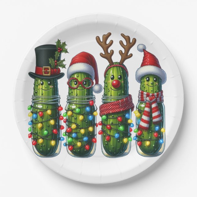 Christmas Holiday Party Dill Pickles Paper Plates (Front)