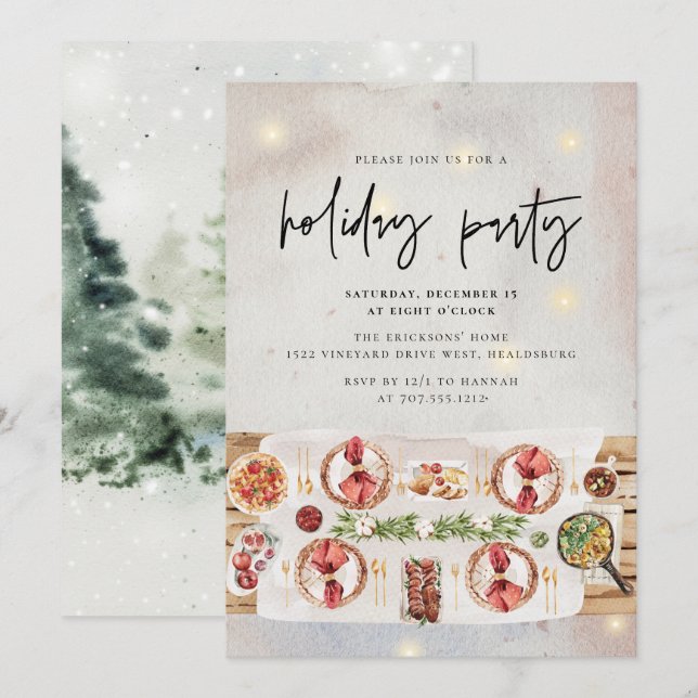  Christmas Holiday Party Dinner Modern Watercolor Invitation (Front/Back)