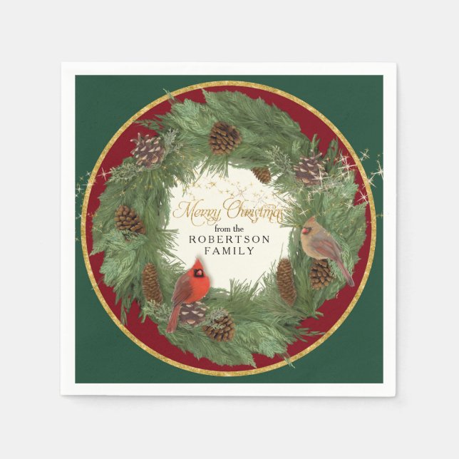 Christmas Holiday Party Evergreen Wreath Cardinals Napkin (Front)