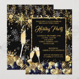 Christmas Holiday Party Gold Black Snowflakes Invitation