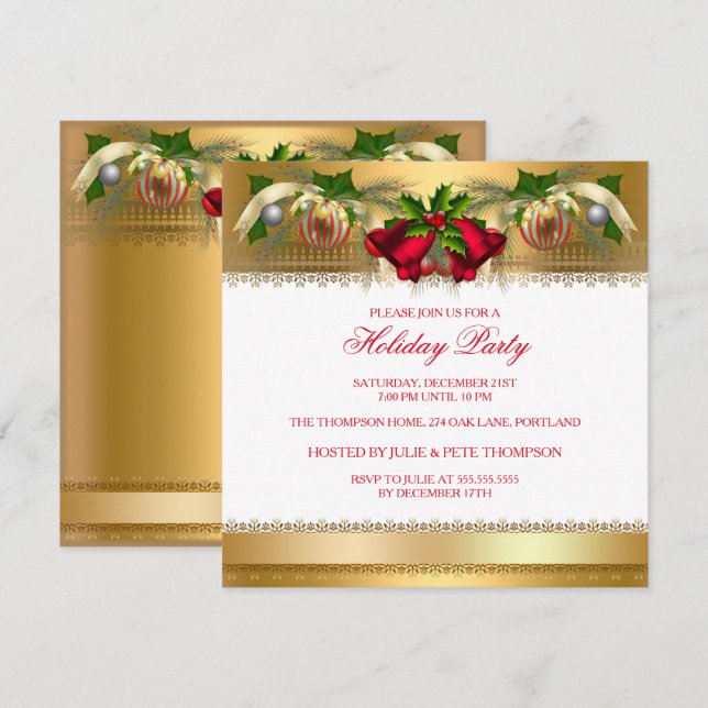 Christmas Holiday Party Gold Red bells Baubles Invitation (Front/Back)